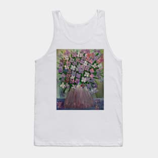 purple and pink abstract flowers . In a metallic silver and gold vase . Tank Top